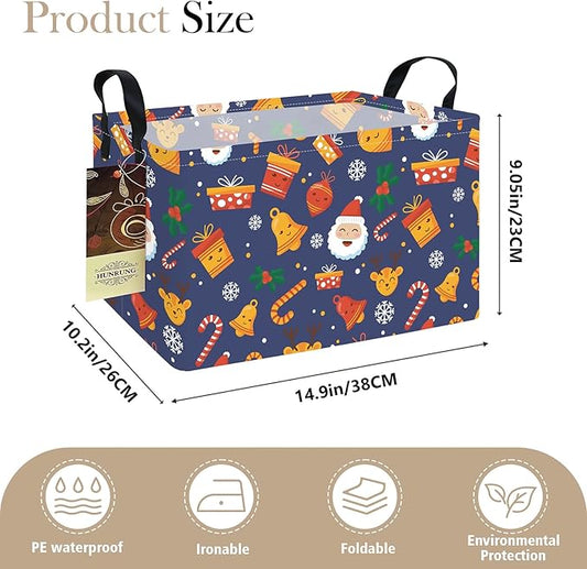 HUNRUNG Rectangle Storage Basket Cute Canvas Organizer Bin for Pet/Children Toys, Books, Clothes Perfect for Rooms/Playroom(REC-Blue Christmas Bell)