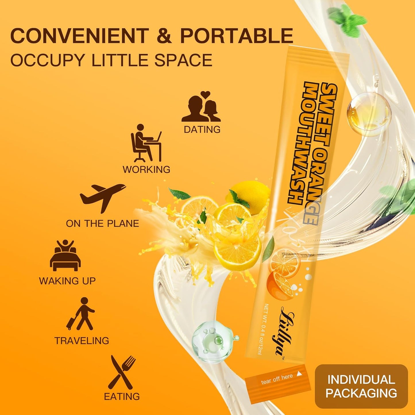 Mouthwash Travel Size, Individual Mini Mouthwash Alcohol Free, Orange Mint for Fresh Breath, Oral Care, Teeth & Gum Health, TSA Compliant, Portable Packets to Go, 0.41 Fl Oz x 20 Packs