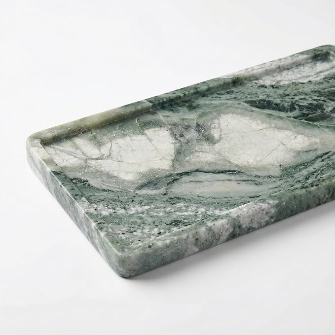 Green Marble Tray – 12" x 6.5" Decorative Vanity Tray for Bathroom, Countertop, Jewelry, Candles, Kitchen | Natural Stone Organizer for Makeup, Perfume, Skincare & Home Décor