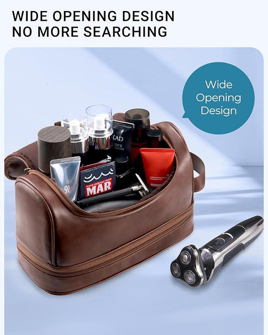 Elviros Toiletry Bag for Mens PU Leather Travel Organizer Kit with Hanging hook, Large Water-resistant Toiletries Bathroom Shaving Bag, Gift For Men (Dark Brown)