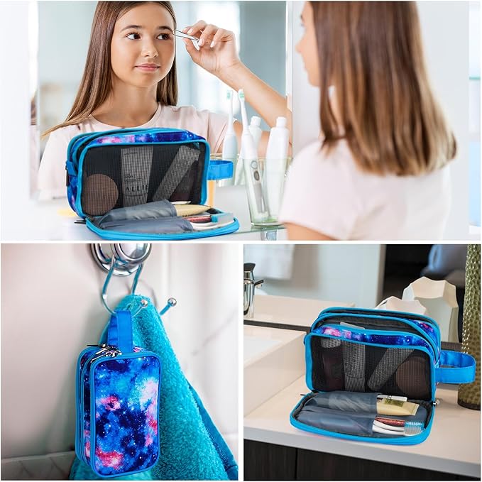 Galaxy Toiletry Bag for Girls, Travel Toiletry Bag for Teen Girls Cosmetic Bag Makeup Bag Waterproof Hanging Wash Bag Toiletries, Blue