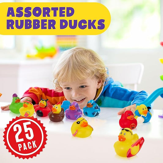Playbees Assortment Rubber Duck Toy Duckies for Kids - 25 Pack - Sensory Play, Stress Relief, Stocking Stuffers, Bath Birthday Gifts Baby Showers Classroom Incentives, Summer Beach and Pool Activity