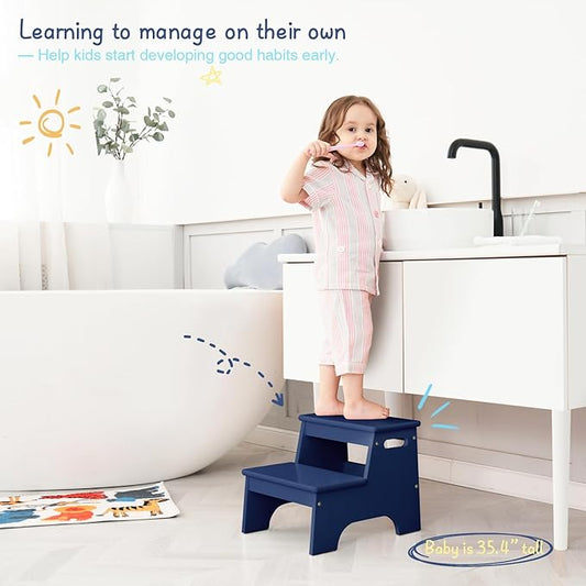 Forbena Navy Blue Step Stool for Toddlers Bathroom Sink, Baby Boys Toilet Toddler 2 Step Stool for Potty Training, Kids Children Double Up Stepping Stool for Kitchen Counter Closet Bedroom Bed (Blue)