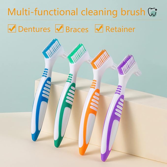 Denture Brush 4Pcs Denture Toothbrushes,Denture Cleaning Care Cleaning Brush ,Double Sided Toothbrush,Multi-Layered Bristles and Rubber Anti-Slip Handle (Purple, Green, Blue, Orange)