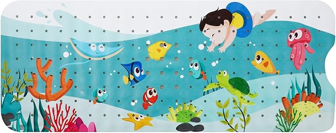 Baby Bath Mat for Tub Kids Non Slip Bathtub Mat Extra Long 40X16 Inch Shower Mat Toddler Anti Slip Bathroom Tub Mat with Suction Cups & Drain Holes (Sea World)