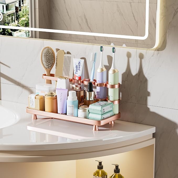 Electric Toothbrush Holder for Bathroom Countertop 5 Metal Slots Toothpaste Razor Mouthwash Organizer, Rose Gold
