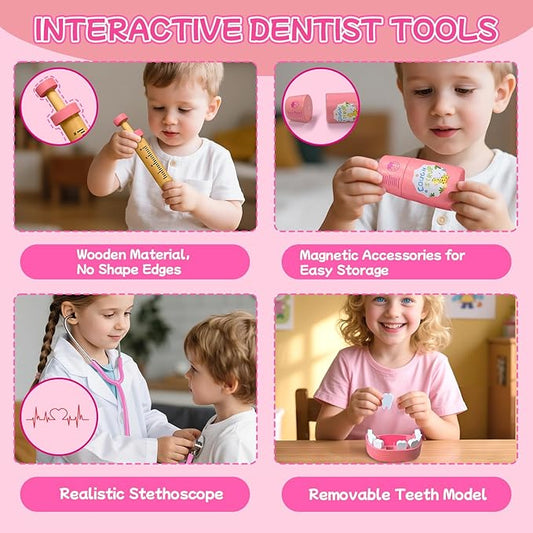 Doctor Kit for Kids Girls, Wooden Kids Dentist Play Set, Doctor Play Set Pretend Play Toys for Toddlers 3-5 , Realistic Wooden Medical Kit Role Play Set, Gifts for Boys Girls 3+ Years