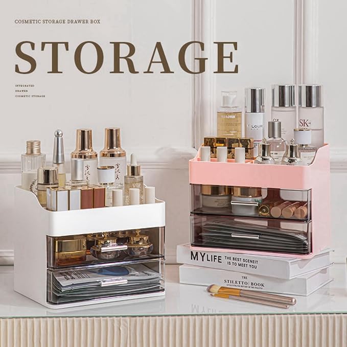 Makeup Organizer for Vanity,Vanity Organizer with 2 Drawers,Makeup&skincare Organizers Countertop,Cosmetic Display Case,Vanity Storage Box(Cream)