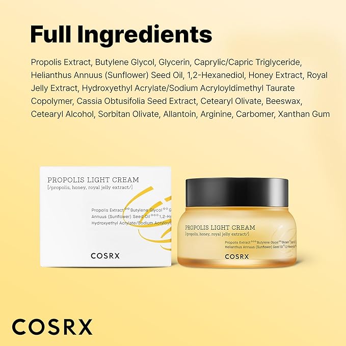 COSRX Full Fit Propolis Light Cream, 2.19 Fl.oz / 65ml, Propolis 64.5%, Hydrating Daily Day and Night Moisturiser, Korean Skin Care, Stocking Stuffers, Holiday Gifts, Gifts For Women