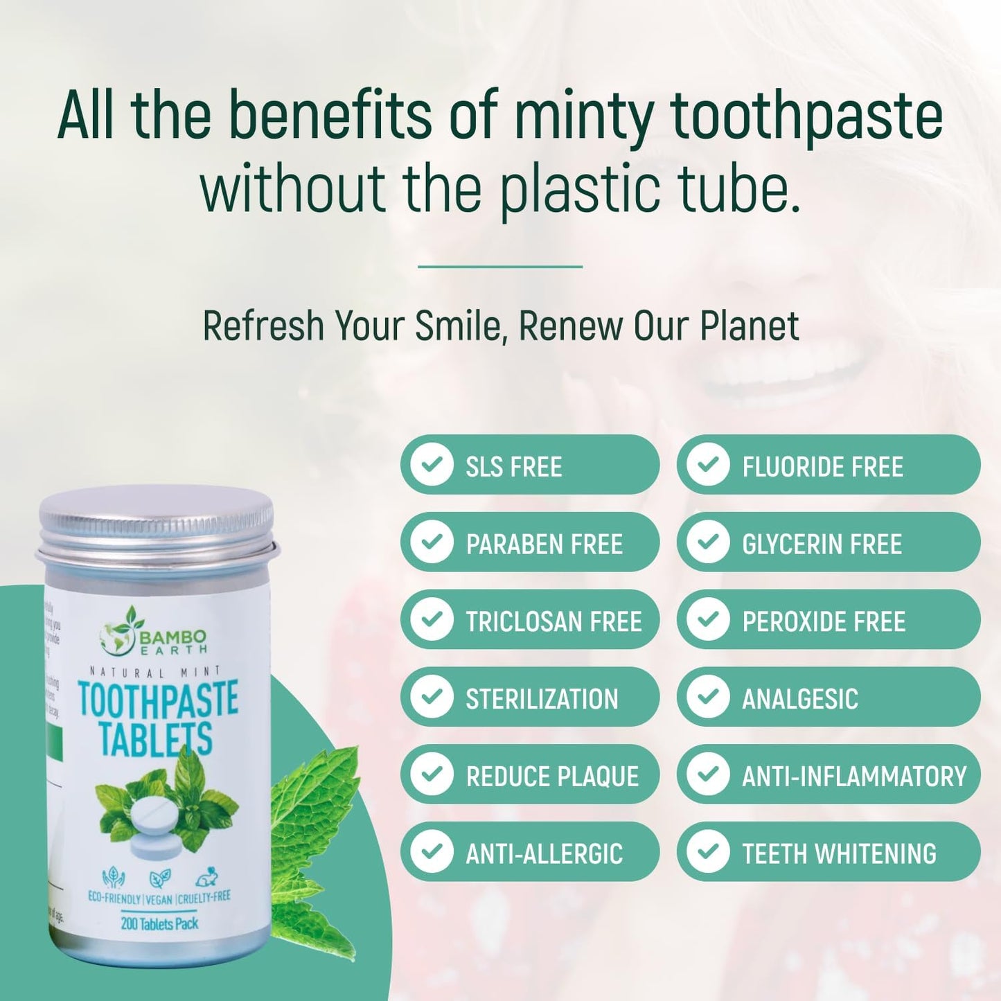 200 Pack Natural Toothpaste Tablet Bits - Chewable Mouthwash Whitening Bite Tablets for Teeth SLS & Fluoride Free Eco & Travel Friendly - Zero Waste Packaging - Mint & Activated Charcoal (Peppermint)
