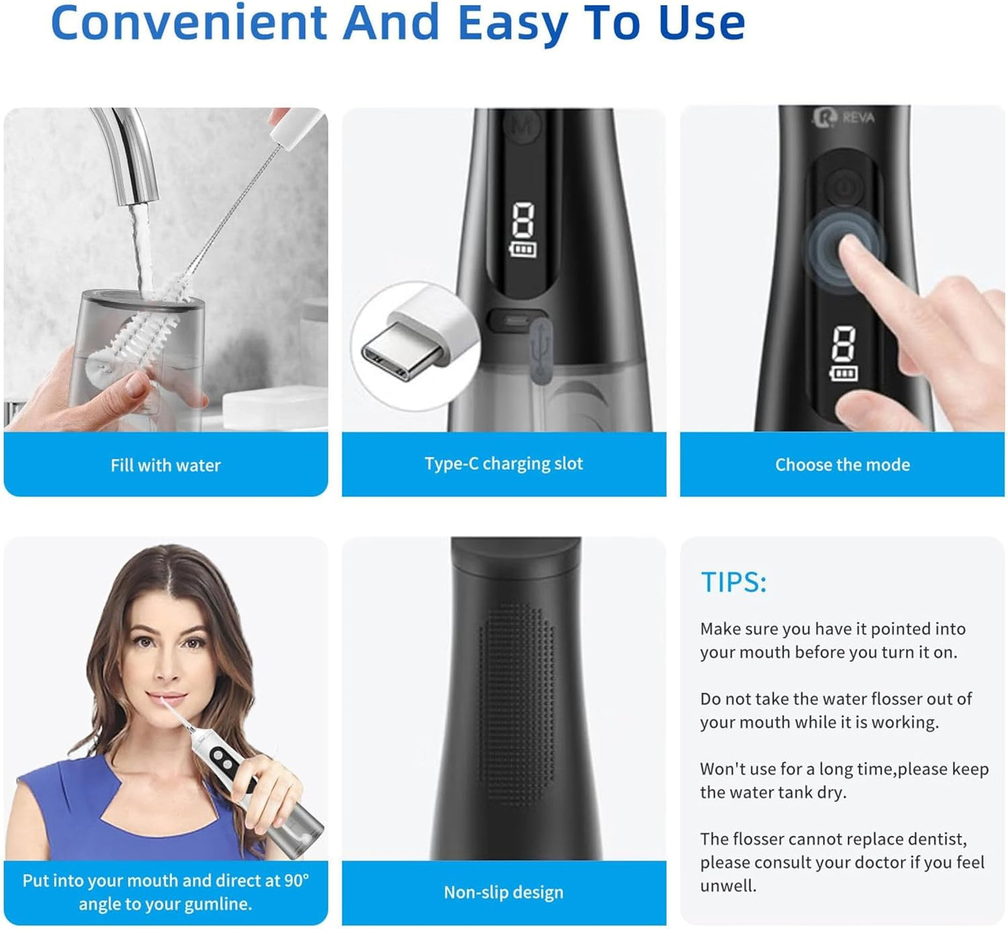 Reva Professional Water Dental Flosser for Teeth & Braces - 9 Modes Cordless Oral Irrigator, 350ML Large Reservoir, 360° Nozzle, IPX7 Waterproof, Rechargeable, Dental Floss Tool (M131 - Black)