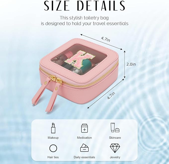 Christmas Gifts for Girls - Initial Clear Toiletry Bag, Small Cosmetic Bags for Girls with Zipper, Potable Mini Makeup Bag for Birthday, Graduation (Pink, K)