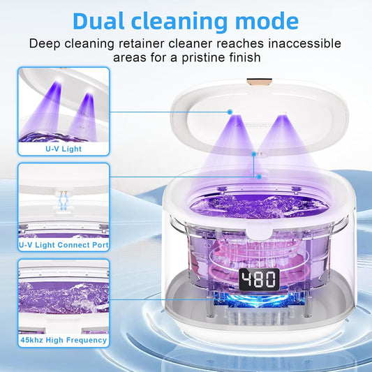 Ultrasonic Retainer Cleaner, Sonic Dental Cleaning Pod, Portable 30W/45kHz Machine for Dentures, Aligners, Braces, Mouth Guards, Jewelry (White)