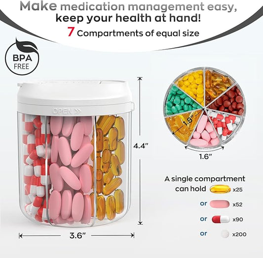 Pill Dispenser with 7 Large Compartments, Pill Organizer for Travel, Supplement Organizer with Anti-Mixing Design, BPA-Free Pill Container with 20 Pcs Labels, Beige