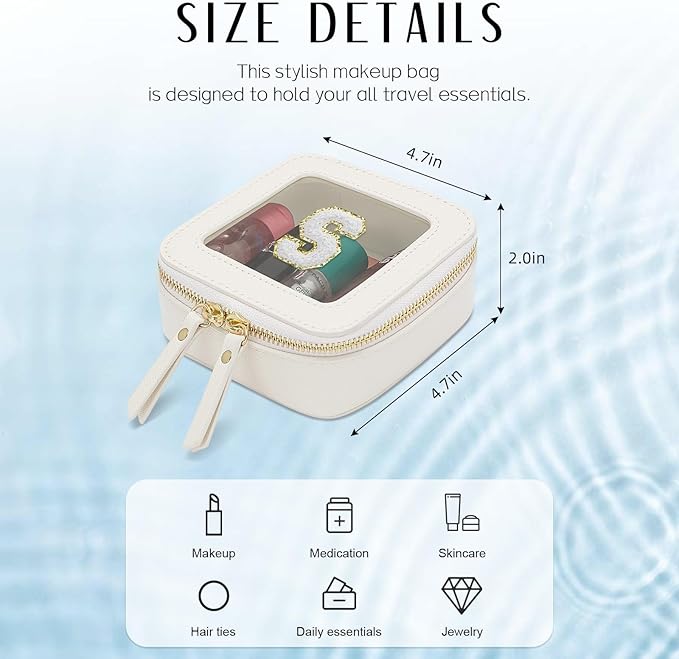 Initial Travel Toiletry Bag - Cosmetic Bags for Girls with Zipper, Clear & Potable Girls Makeup Bag for Travel, Small Cosmetic Pouch Perfect Gifts for Graduation (Beige, S)
