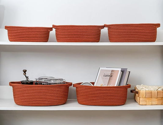 CubesLand Small Cotton Rope Storage Basket Set 5, Shelves Baskets for Organizing with Handle, Decorative Closet Storage Bins for Countertop Toilet Paper Basket for Toilet Tank Top,Rust Basket