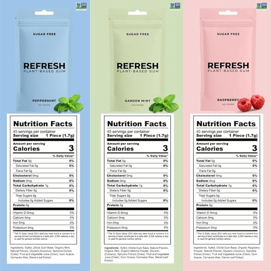 Refresh Gum Peppermint – Xylitol, Sugar Free Chewing Gum Pouches, Natural Flavor & Organic Ingredients – Aspartame Free, Plant-Based, Non-GMO – 45 Pieces Each, 3 Pack