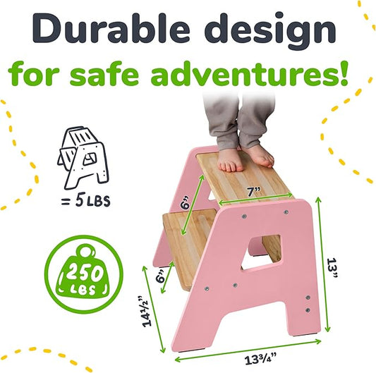 OCODILE 2-Step Wooden Step Stool for Toddlers | Kids Stool for Bathroom Sink & Kitchen Use | Non-Slip Step | Wooden Stool for Children Ages 2+ Years Pink