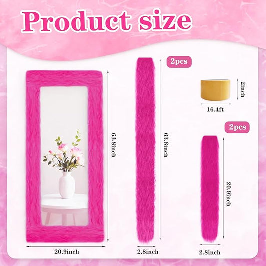 Fluffy Full Length Mirror Cover Universal Ultra Soft Non-Slip Border with Adhesive Tape Pink Fuzzy Frame Decor for Standing Mirror Bedroom Cloakroom Home Decor Women Gifts (vibrant pink, 64 x 21 Inch)