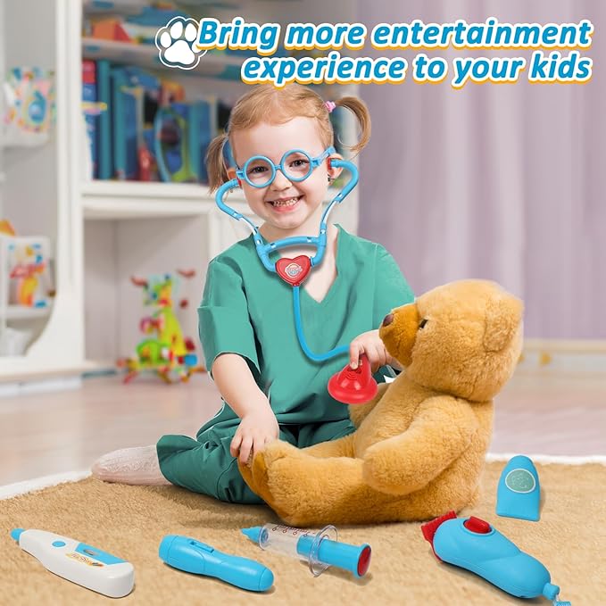Liberry Doctor Kit for Toddlers 3 4 5 6 Years Old, 28 Pcs Kids Doctor Playset with Dog Toy, Stethoscope and Dress Up Costume, Pretend Play Medical Gift for Boys Girls (Blue)