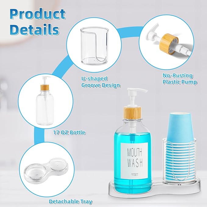 VITVITI Mouthwash Dispenser for Bathroom, Mouth Wash Dispenser Container with Paper Cup Holder, 17OZ Plastic Refillable Pump Mouthwash Bottle Decanter with Tray (Clear)
