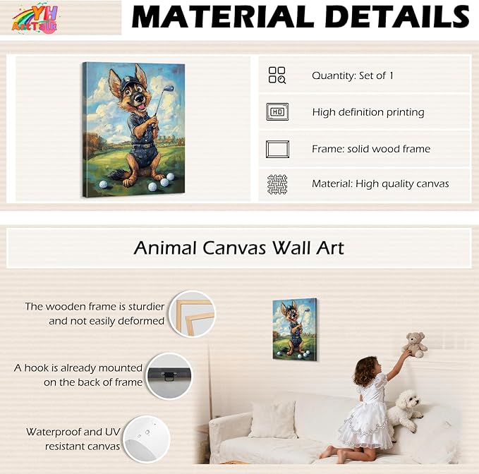 YOUHONG Animal Wall Art Animal Canvas Wall Art Dog Painting with Inner Wooden Frame - Lightweight, Sports Room Decor for Boys Living Room Decoration Ready to Hang (12x15.7 Inches)