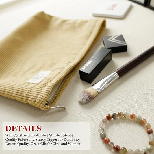 HAPPYHEIDI Creamy White Corduroy Makeup Bag Cosmetic Toiletry Travel Pouch, Make Up Accessory Purse Organizer, Canvas Lined