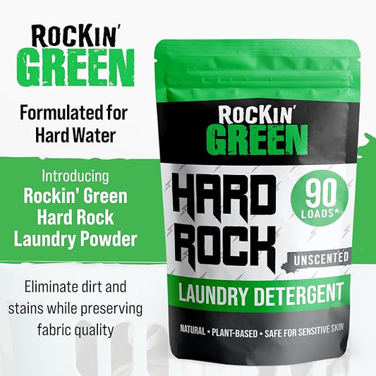 Rockin' Green Hard Rock Laundry Detergent for Hard Water (90 Loads), Plant based, Natural Laundry Detergent Powder, Biodegradable Odor Fighter, Safe for Sensitive Skin, 45 oz (Unscented)