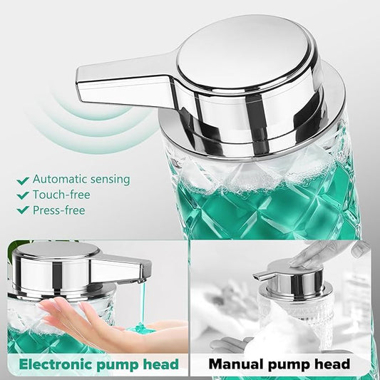 Automatic Soap Dispenser Liquid for Kitchen: 11 OZ Glass Touchless Clear Auto Soap Dispenser for Bathroom - Hand Dish Lotion Home Countertop Kids - Family Couple