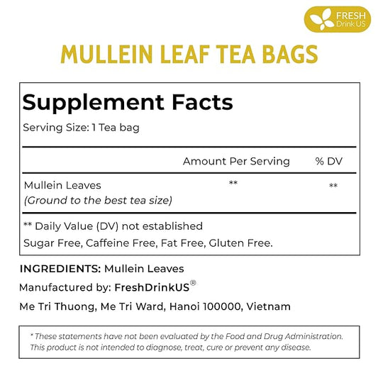 FreshDrinkUS, Premium 25 Mullein Leaf Tea For Lungs, Lung Detox For Smokers, Handmade, 100% Natural & Pure, Mullein Tea, No Sugar, No Caffeine, No Gluten, Vegan