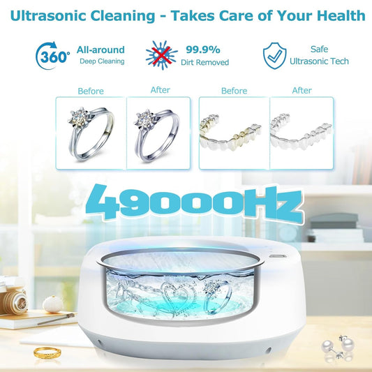 Ultrasonic Jewelry Cleaner, 49kHz Mini Ultrasonic Retainer Cleaner Machine for Earrings, Jewelry, Dentures, Aligner, Night Guards, Mouth Guard- 304 Stainless Steel, 3 Cleaning Modes