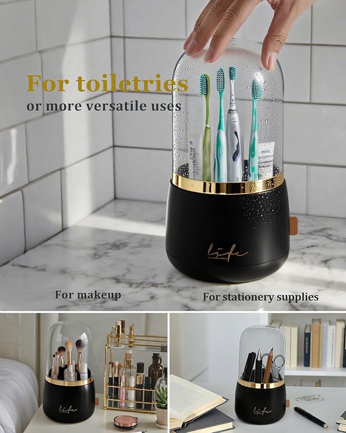 bubooo 360° Rotating Toothbrush Holder for Bathroom - Non-Slip Space-Saving 7-Slot with Cover & Drainage, Electric Toothbrushes/Toothpaste/Razor Organizer for Counter Vanity (black)