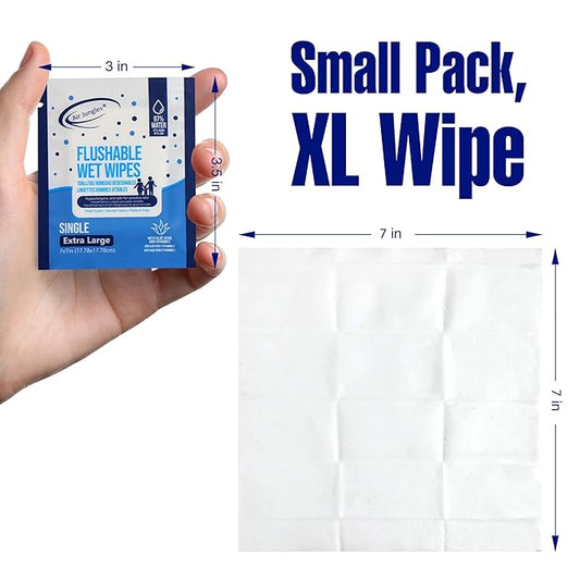 Air Jungles Flushable Wipes Individually Wrapped 50 Count (Pack of 2), with Aloe Vera & Vitamin E, Travel Size Wet Cleansing Wipes for Adult, Fresh Scent, Alcohol Free - XL 7 × 7 in