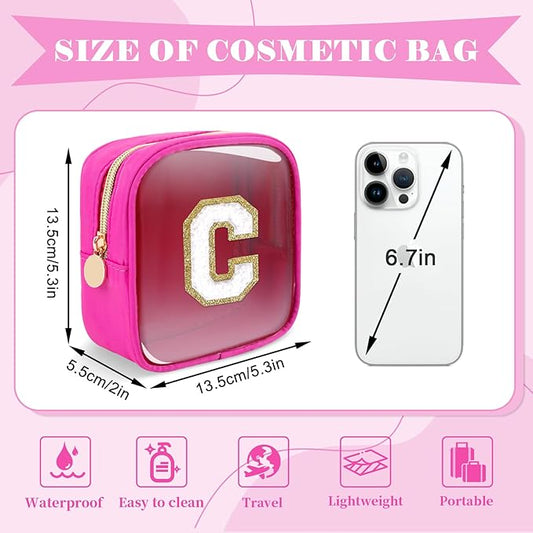 Personalized Initial Letter Clear Preppy Makeup Bag,Mini Nylon Chenille Letter Cosmetic Bag Cute Zipper Pouch Coin Purse for Teen Girls,Portable TSA Approved Travel Essentials Bag Gift for Women,C