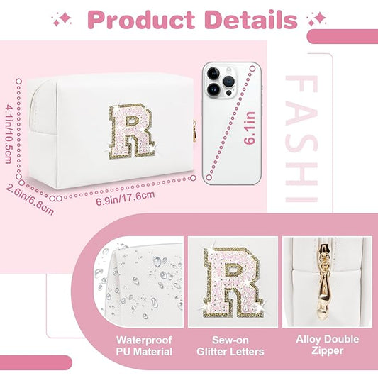 Small Initial Patch Makeup Bag Personalized Gifts Make Up Bag,White Cute PU Leather Glitter Letter Cosmetic Bag with Zipper,Trendy Portable Travel Toiletry Pouch,Preppy Stuff for Teen Girls Women R