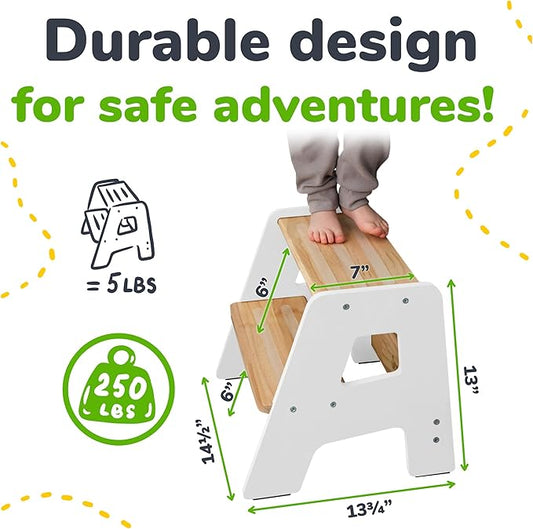 OCODILE 2-Step Wooden Step Stool for Toddlers | Kids Stool for Bathroom Sink & Kitchen Use | Non-Slip Step | Wooden Stool for Children Ages 2+ Years White