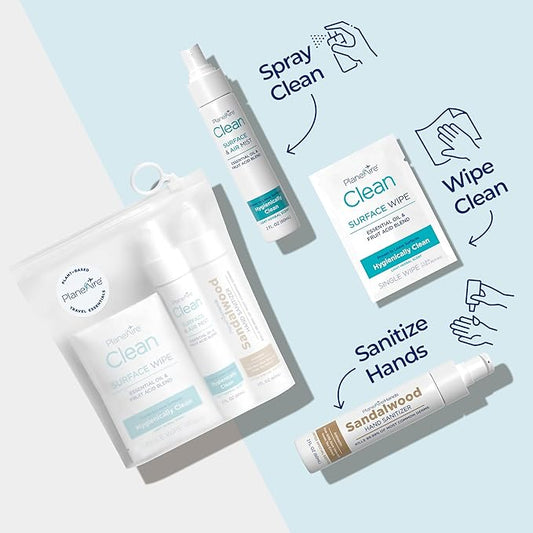 Travel Essentials | Hygiene Kit | Travel Toiletry Kit | Travel Size | Lotion Hand Sanitizer Sandalwood Scent | Surface Wipes | Individual Travel Wipes | Surface Cleaner | Made with Essential Oils