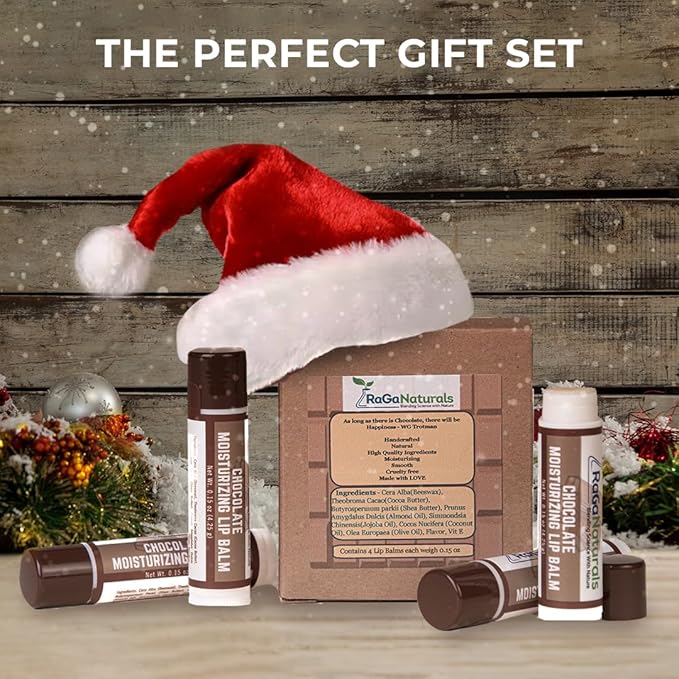 RaGaNaturals Natural Chocolate Lip Balm - Original Beeswax, Shea Butter, Jojoba Oil, Vitamin E - All Day Hydration for Dry & Cracked Lips - Stocking Stuffers & Christmas Gift -Handmade in USA (4 Pack)