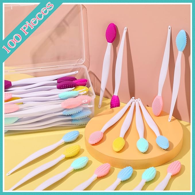 100 Pieces Lip Scrub Brushes Double Sided Silicone Exfoliating Lip Brush with Container Soft Silicone Face Lips Cleaning Tool Scrubber for Plump Smoother Appearance Multi Colored