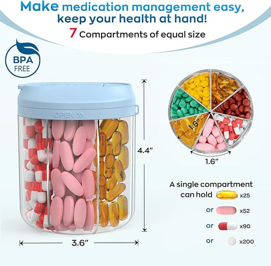 Pill Dispenser with 7 Large Compartments, 4.4" H x 3.6" Dia Pill Bottle Organizer for Travel, Supplement Organizer with Anti-Mixing Design, BPA-Free Pill Container with 20 Pcs Labels Blue