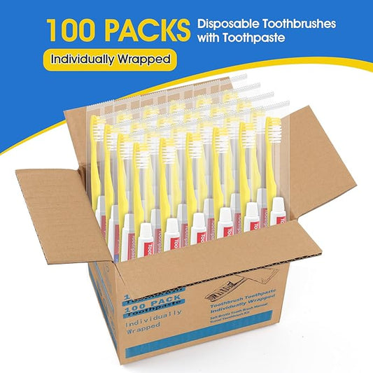Homvle Disposable Toothbrushes with Toothpaste - 100 Packs Individually Wrapped Travel Toothbrushes Bulk, Medium Soft Bristles, Perfect for Travel Size Toiletries, OCC, Airbnb, Dentist, Office