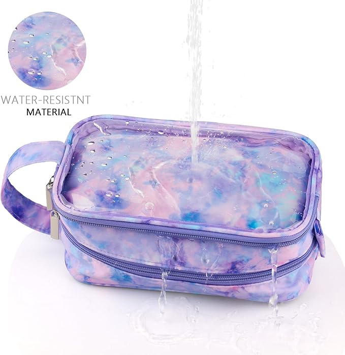 Kids Toiletry Bag for Girls, Travel Clear Toiletry Bag for Little Young Girls Cosmetic Bag Makeup Bag Waterproof Hanging Toddler Wash Bag, Purple Tie Dye