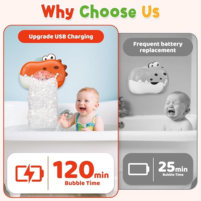 Baby Bath Toys, Rechargeable Dinosaur Bath Bubble Machine with Music, Bathtime Bathtub Toys for Toddlers Christmas Birthday Gifts, Bubble Maker Toys for Kids Ages 1-3 4-8 Baby Gifts (Red)