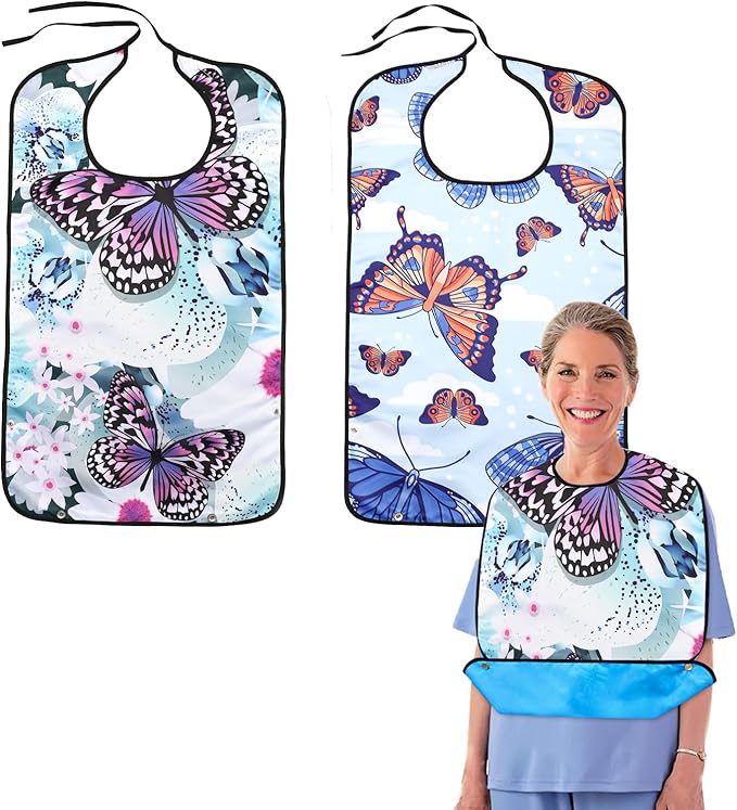 2 Pack Adult Bibs for Women, Adult Bibs for Elderly Women, Elderly Eating Assistance Products for Adults, Bedridden, Disabled, Waterproof Leakproof Bib for Adults
