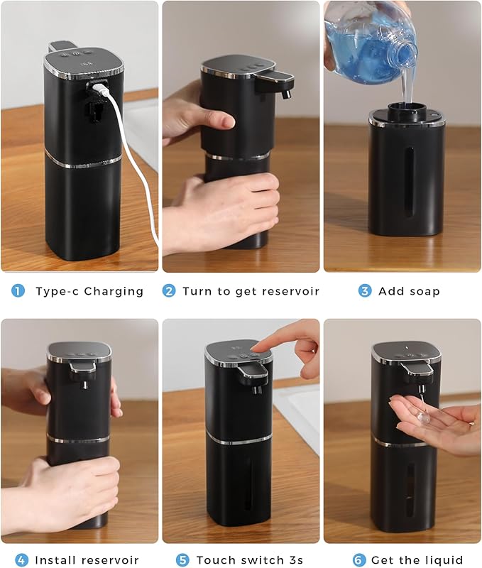 2 Pack Automatic Liquid Soap Dispenser, 12.8oz Rechargeable, Adjustable Liquid Levels, IPX5 Waterproof, Touchless & Wall/Tabletop Use for Kitchen Bathroom, Black