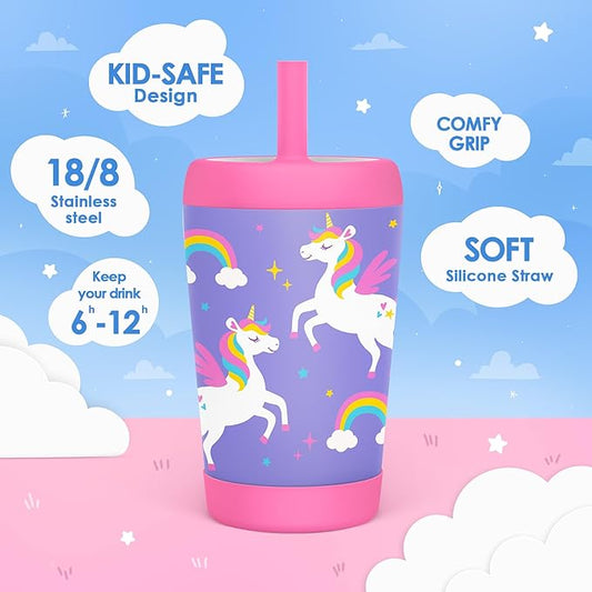 Kid Insulated Stainless Steel Tumbler with Silicone Straw, 12oz Sippy Cup for Kids (Unicorn)