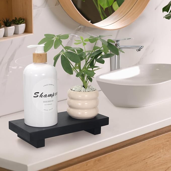 Wooden Pedestal Stand Black Bathroom Counter Organizer Tray Decor Farmhouse Wood Risers Small Hand Soap Dish Dispenser Holder for Kitchen Sink Modern Bathroom Vanity Accessories Decorative Tray