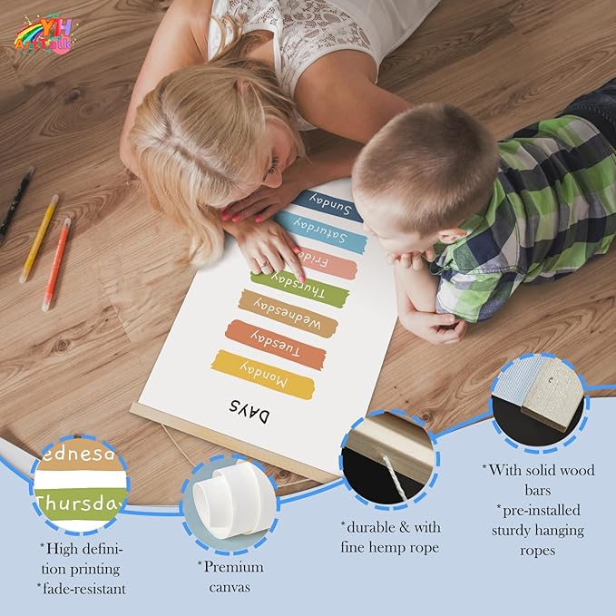 YOUHONG Classroom Decor Educational Posters Classroom Wall Art Kids Wall Art Learning Posters with Wooden Rods - Toddler Room Decor for Preschool, Homeschool (Easy Hang Rope Included) - 12x15.7 Inch