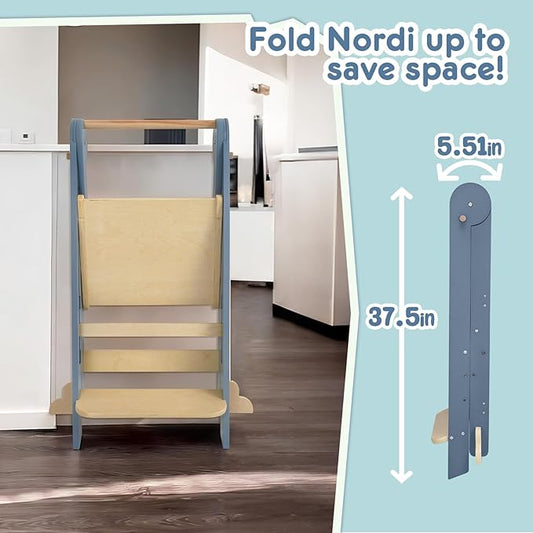 HARPPA Nordi Foldable Toddler Kitchen Tower, Montessori Kitchen Stools Helper, Standing Tower with 3 Adjustable Heights, Suitable Age for 2-6 Years, Grey