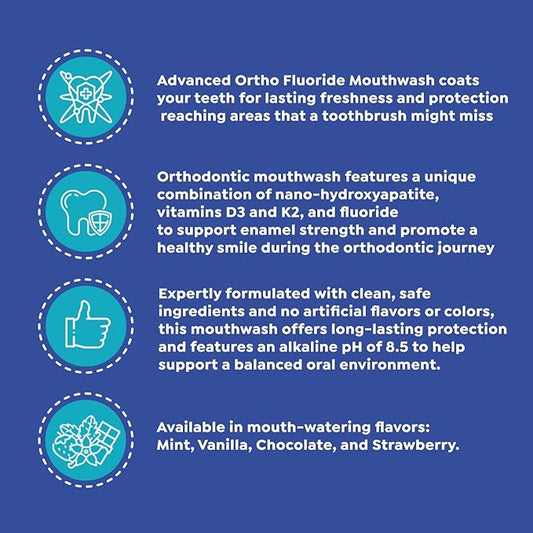 SuperMouth® Ortho Mouthwash – Fluoride + Nano-Hydroxyapatite, Vitamins D3 & K2, Prebiotics, Alcohol-Free, Alkaline pH, Protects Teeth with Braces & Aligners, Reduces White Spots, Tasty Flavors